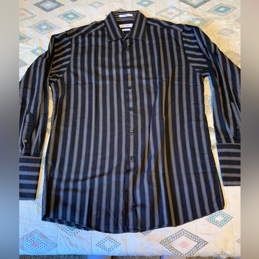 Calvin Klein - Men's Black and Gray Striped Shirt w/ French Cuff’s